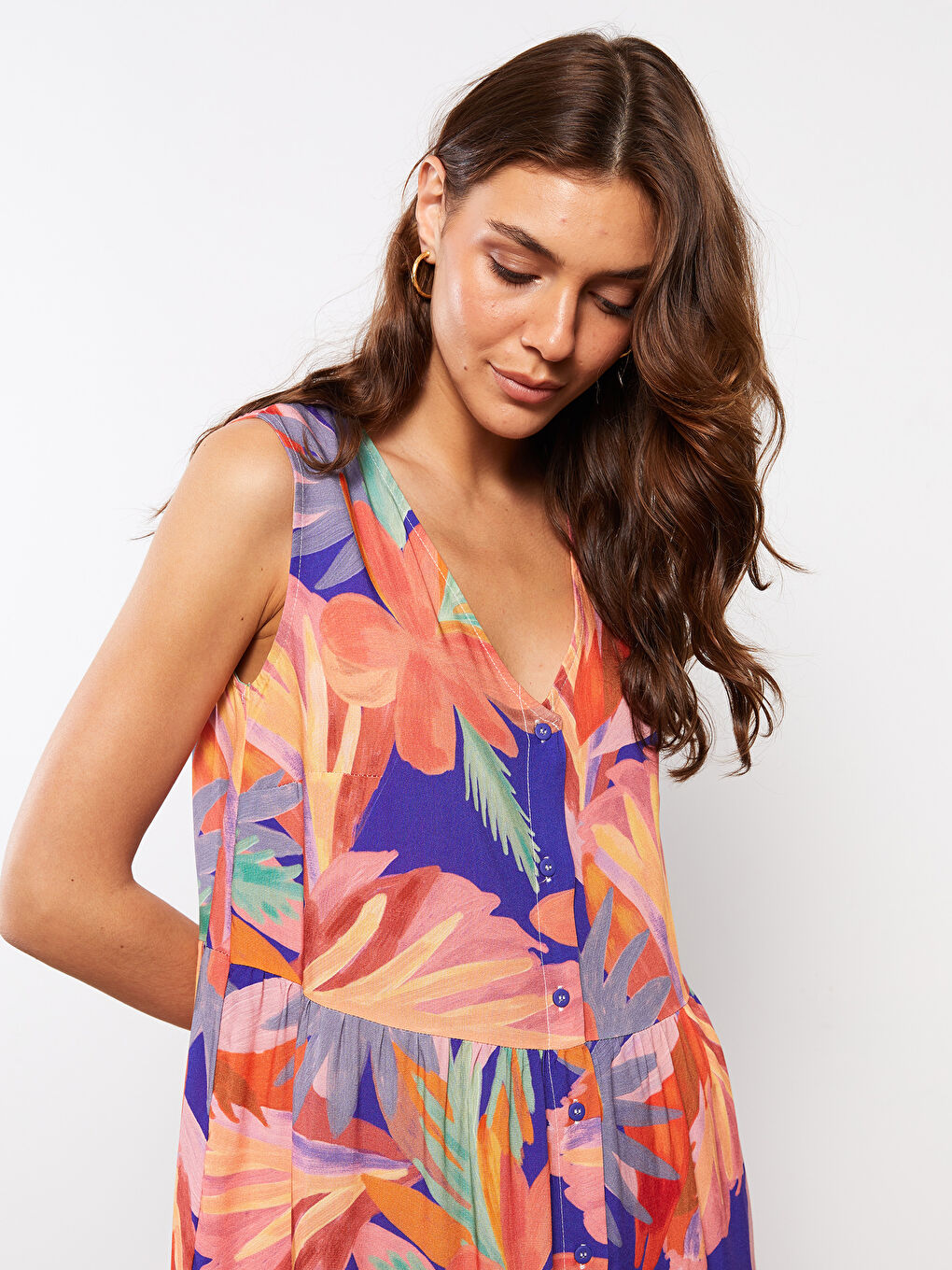 Robe Femme Sans Manches à Motifs en Viscose avec Encolure en V-3