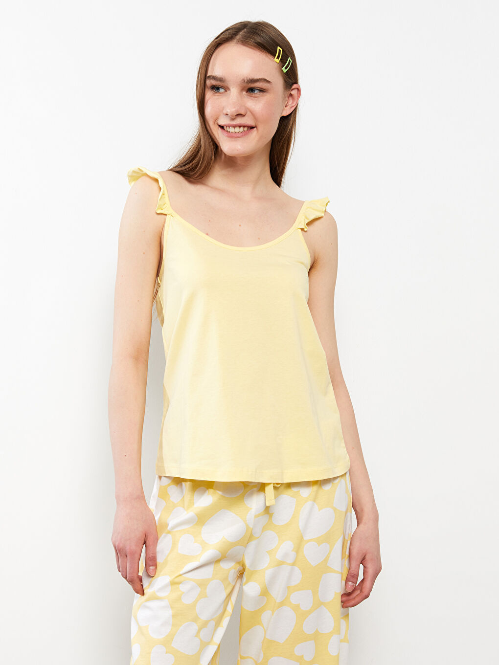 Sarı U Yaka Desenli Askılı Pamuklu Kadın Pijama Takımı-2