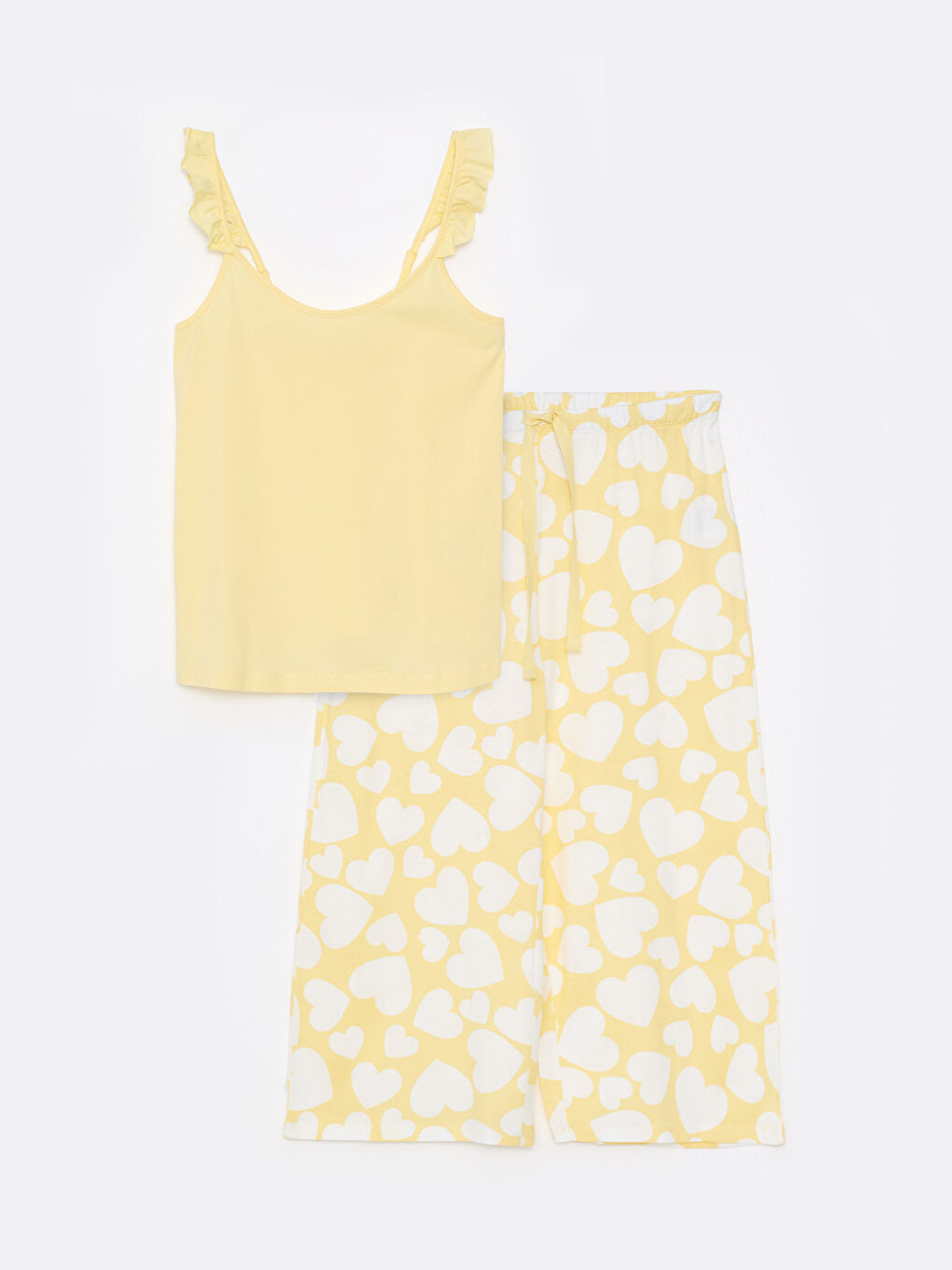 Sarı U Yaka Desenli Askılı Pamuklu Kadın Pijama Takımı-5