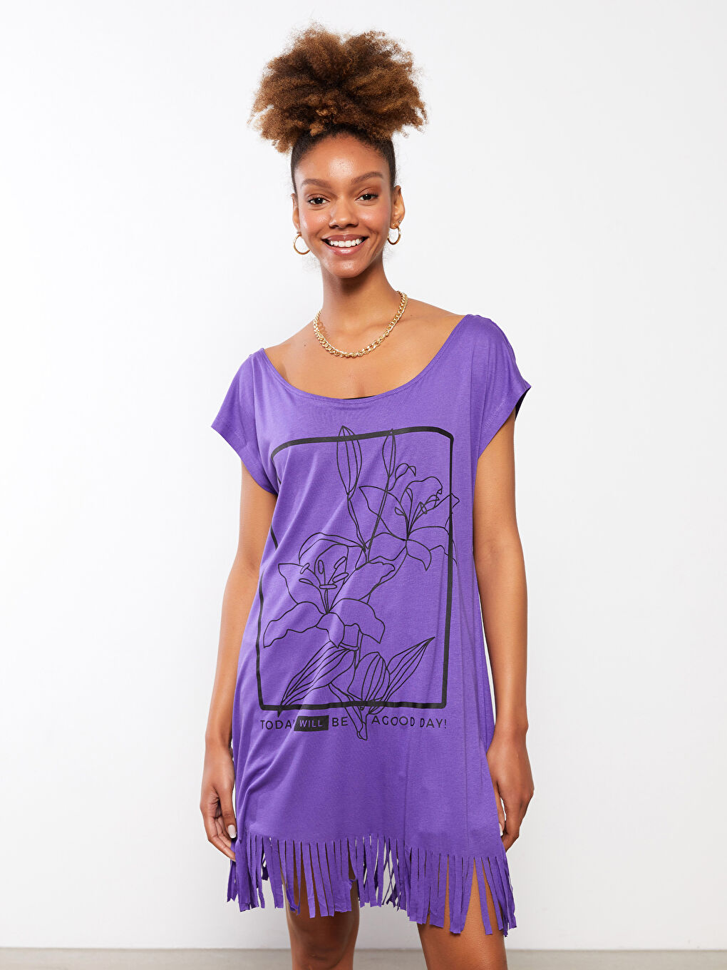 Mor Bisiklet Yaka Baskılı Kısa Kollu Kadın Plaj Elbisesi-1
