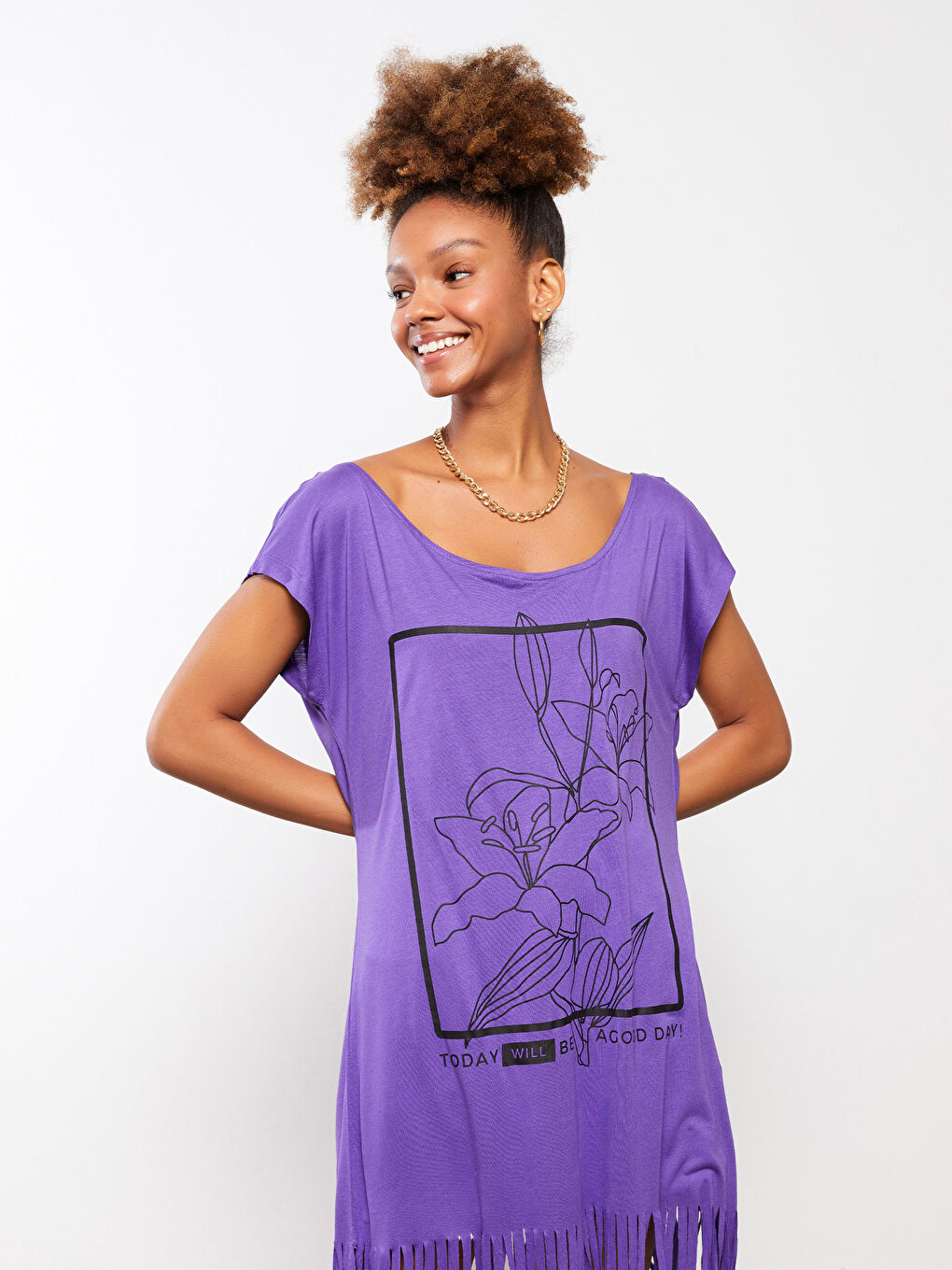 Mor Bisiklet Yaka Baskılı Kısa Kollu Kadın Plaj Elbisesi-2