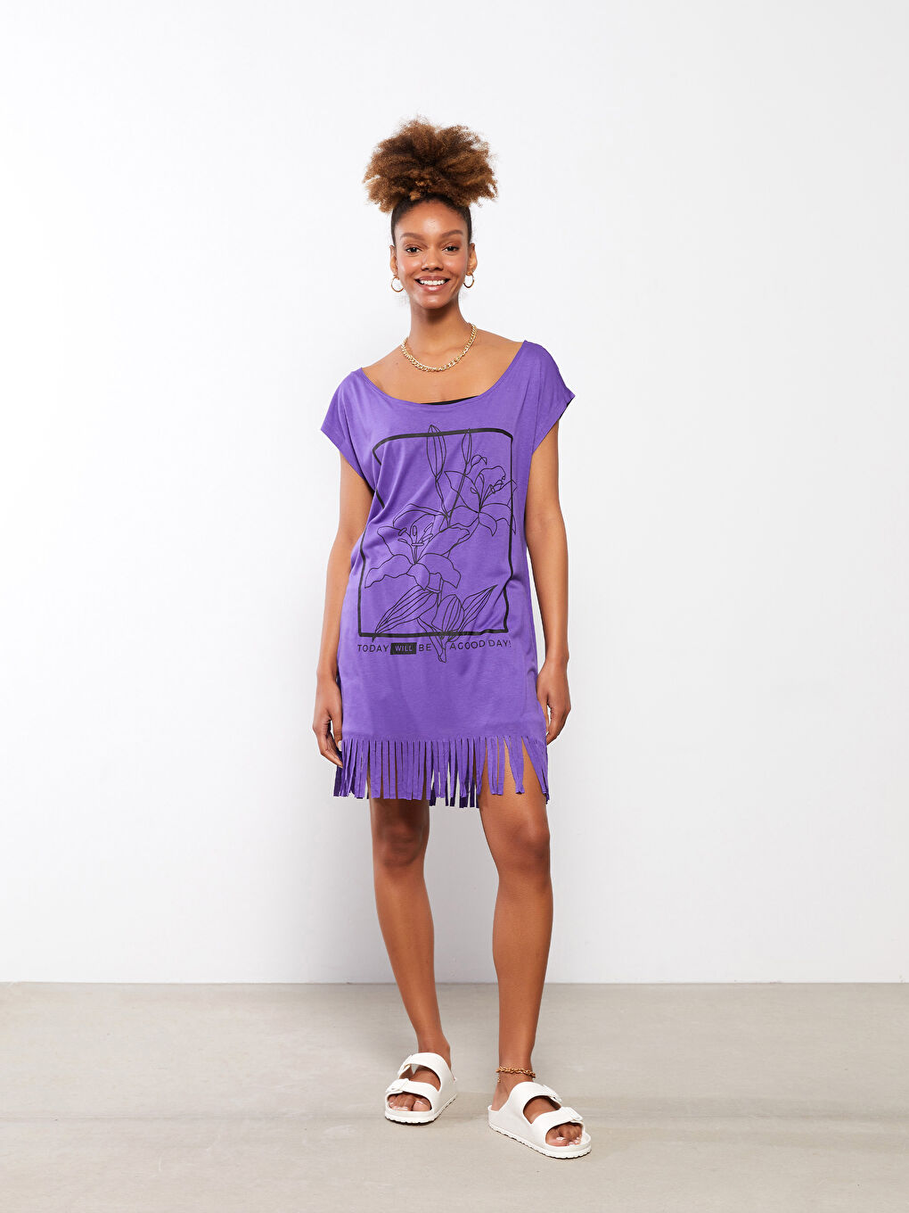 Mor Bisiklet Yaka Baskılı Kısa Kollu Kadın Plaj Elbisesi-3