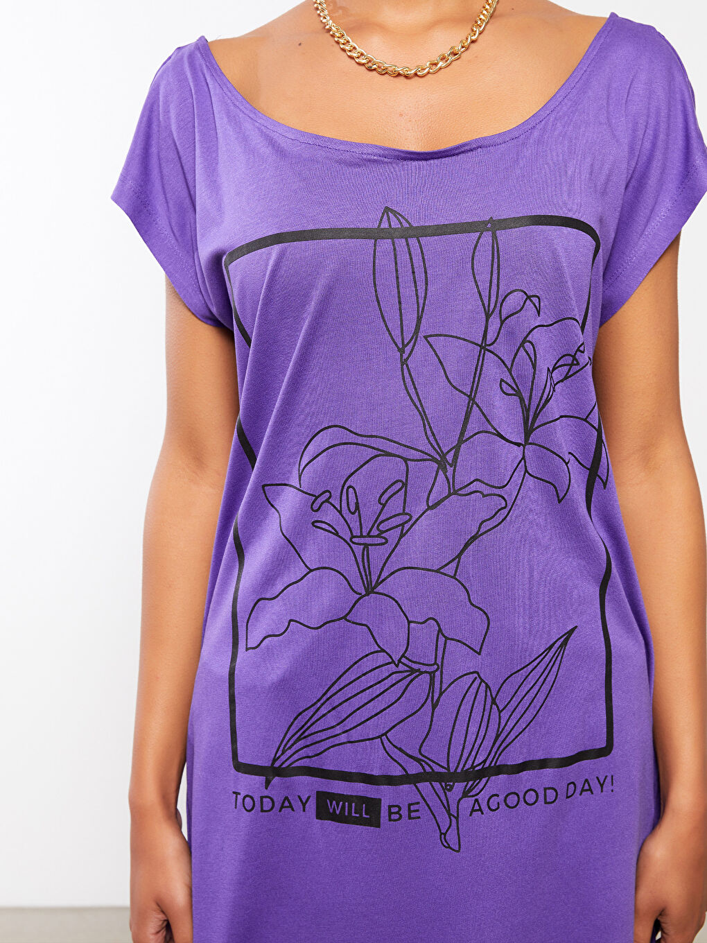 Mor Bisiklet Yaka Baskılı Kısa Kollu Kadın Plaj Elbisesi-4