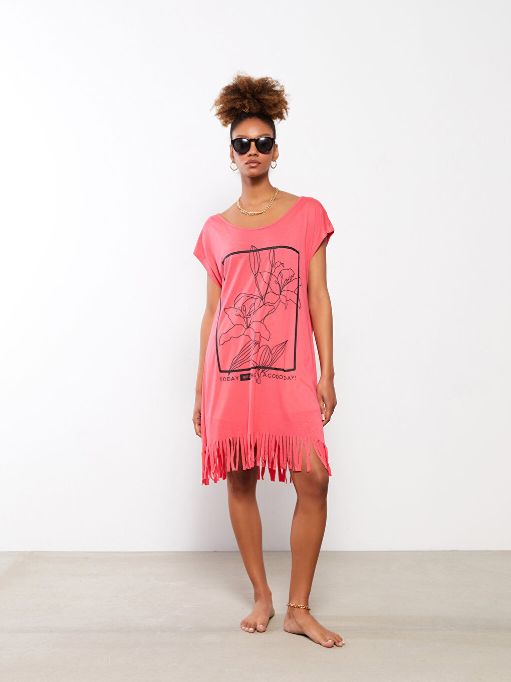 Kırmızı Bisiklet Yaka Baskılı Kısa Kollu Kadın Plaj Elbisesi