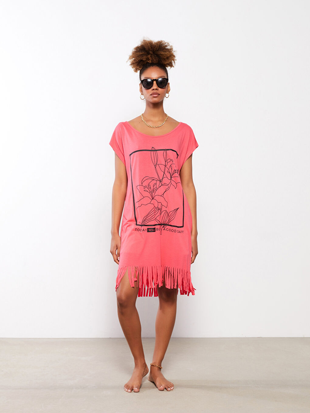 Kırmızı Bisiklet Yaka Baskılı Kısa Kollu Kadın Plaj Elbisesi-1