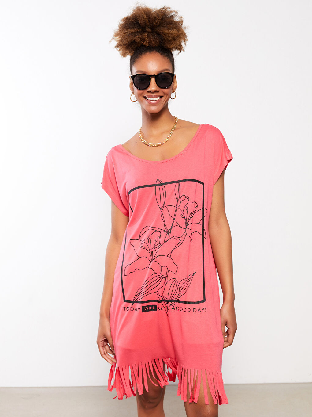 Kırmızı Bisiklet Yaka Baskılı Kısa Kollu Kadın Plaj Elbisesi-2