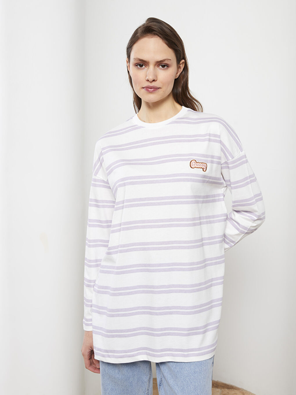 Lila Bisiklet Yaka Çizgili Uzun Kollu Pamuklu Kadın Tunik
