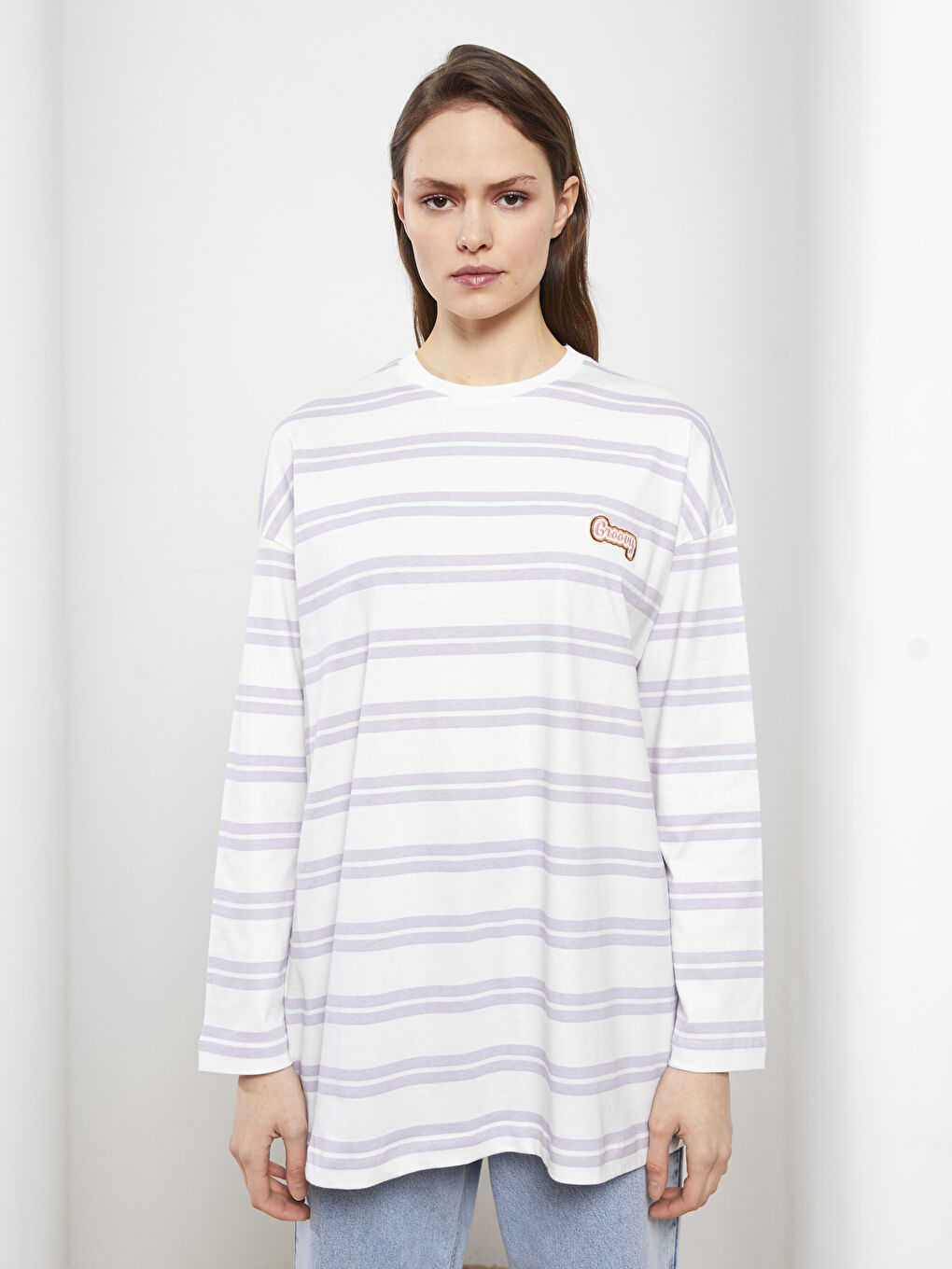 Lila Bisiklet Yaka Çizgili Uzun Kollu Pamuklu Kadın Tunik-1