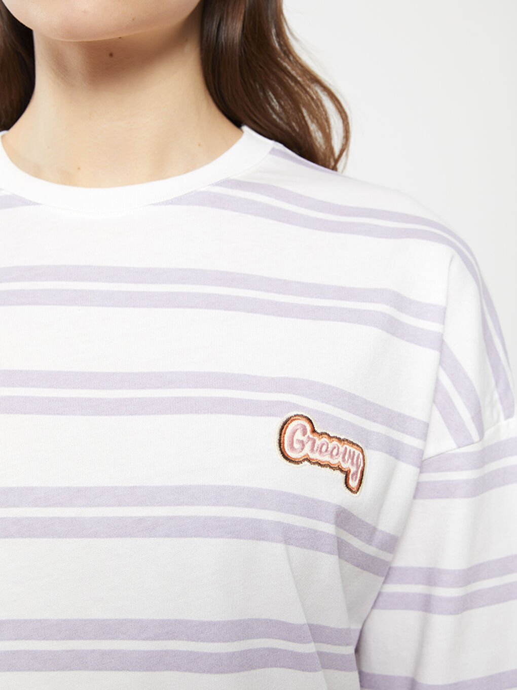 Lila Bisiklet Yaka Çizgili Uzun Kollu Pamuklu Kadın Tunik-2