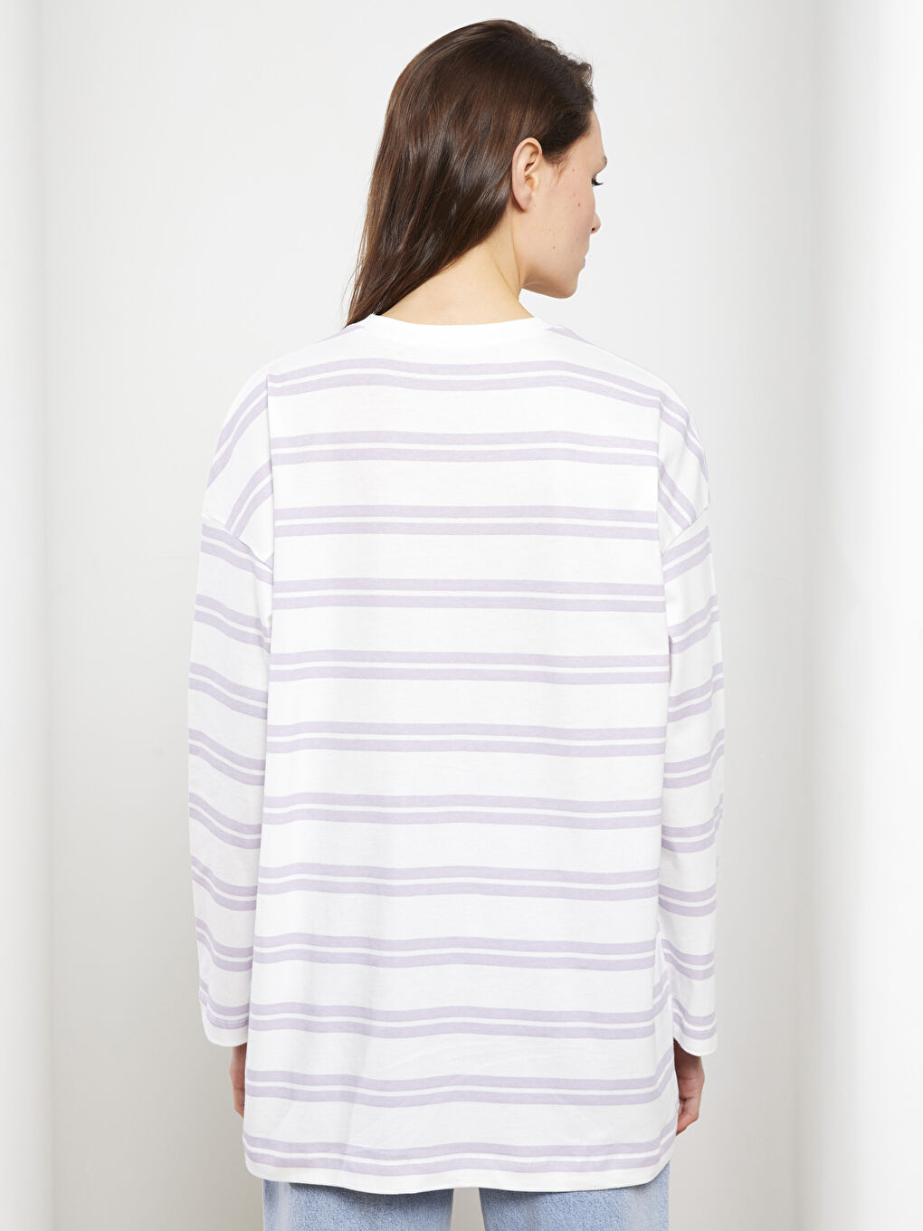 Lila Bisiklet Yaka Çizgili Uzun Kollu Pamuklu Kadın Tunik-3