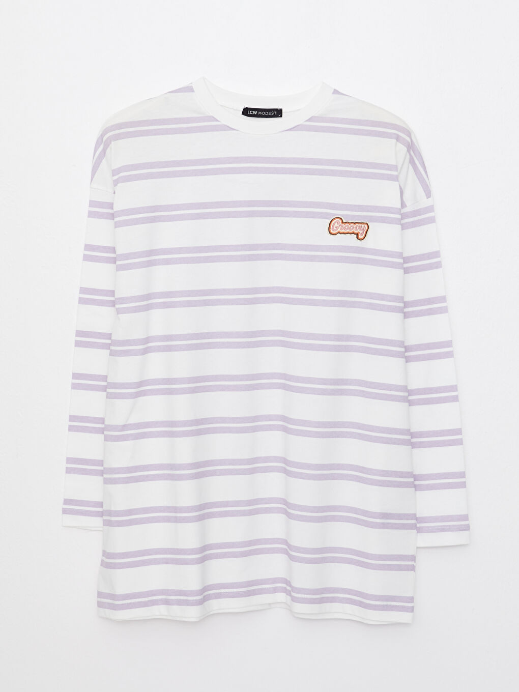 Lila Bisiklet Yaka Çizgili Uzun Kollu Pamuklu Kadın Tunik-4