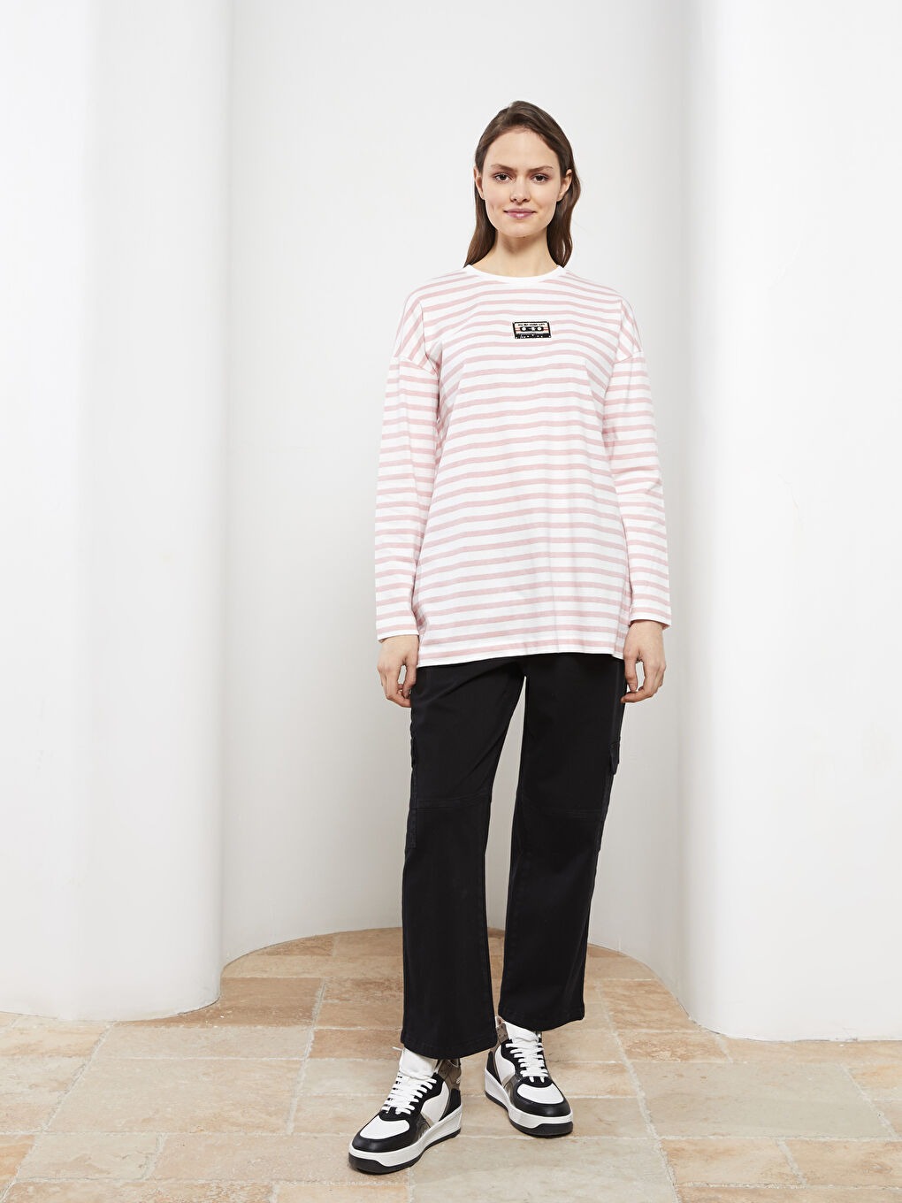 Pembe Bisiklet Yaka Çizgili Uzun Kollu Pamuklu Kadın Tunik