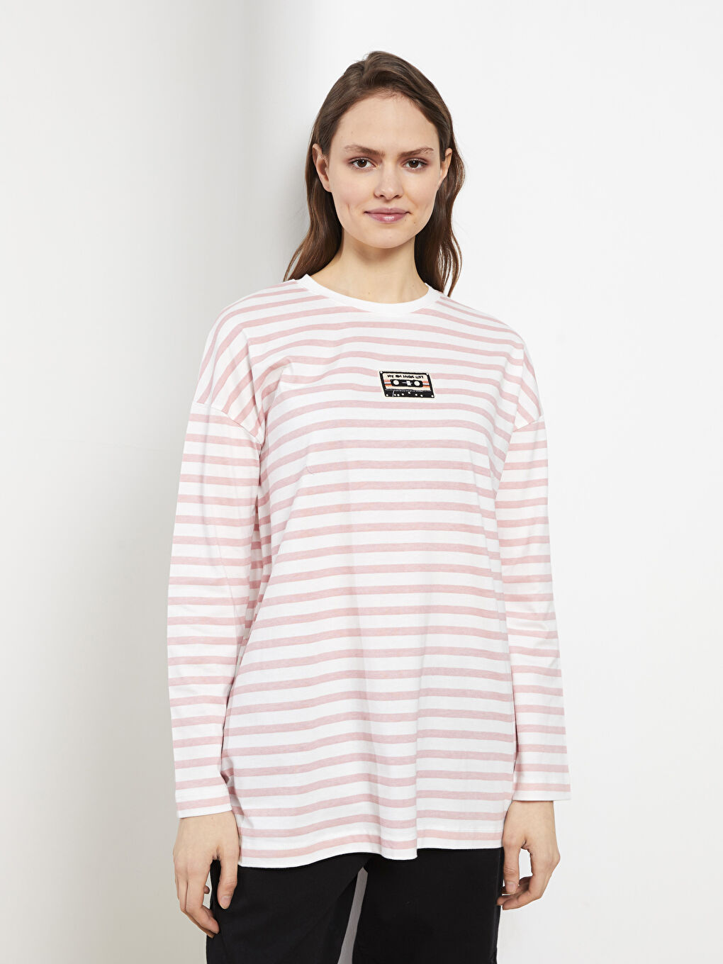 Pembe Bisiklet Yaka Çizgili Uzun Kollu Pamuklu Kadın Tunik-1