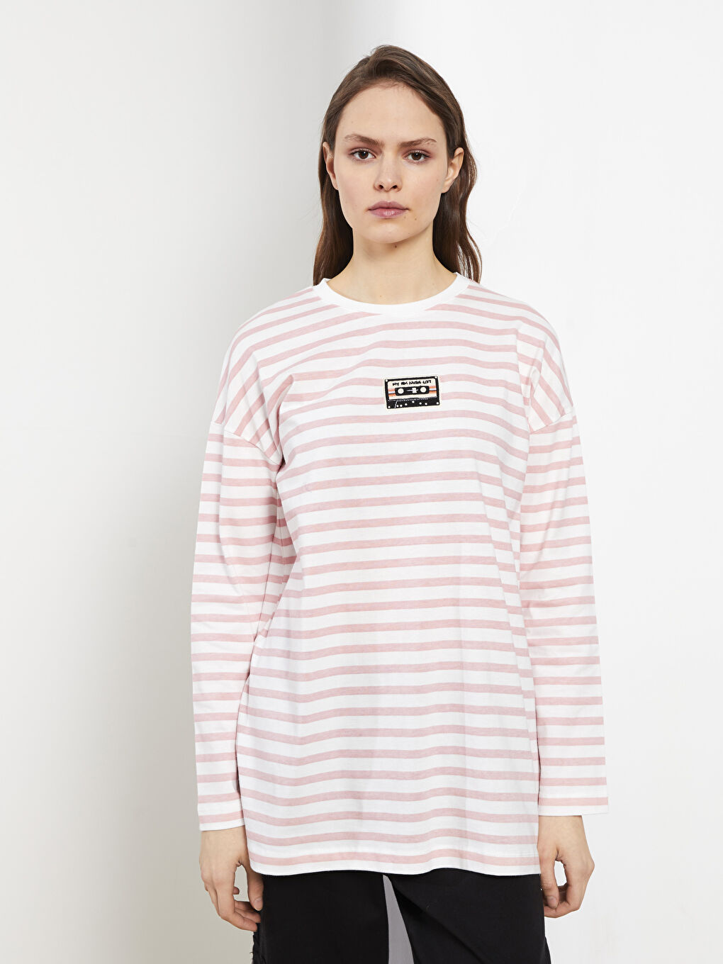 Pembe Bisiklet Yaka Çizgili Uzun Kollu Pamuklu Kadın Tunik-2