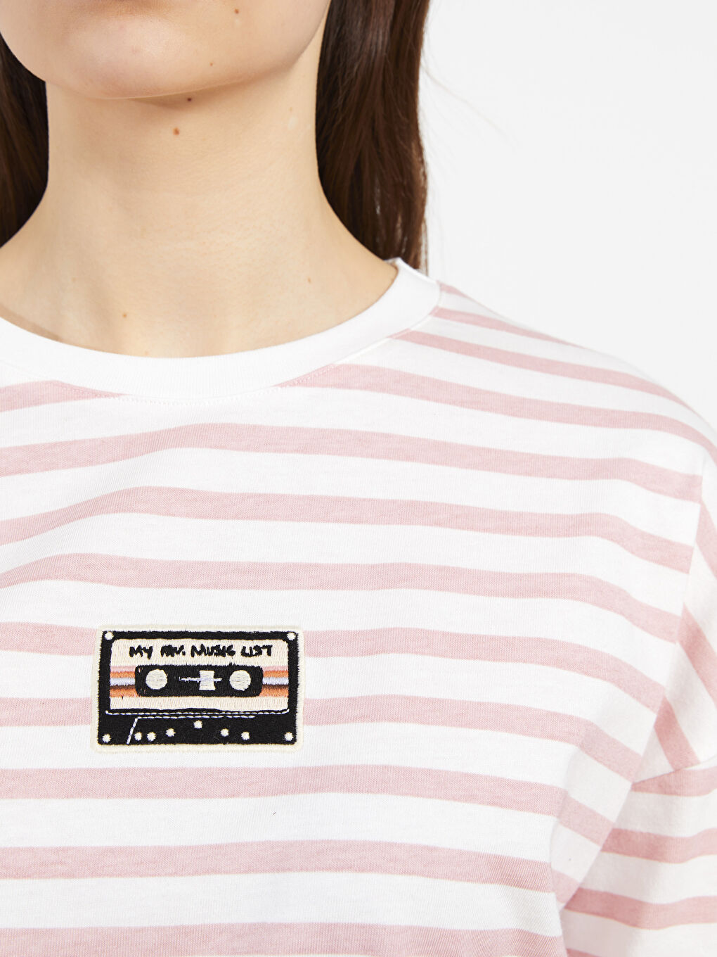 Pembe Bisiklet Yaka Çizgili Uzun Kollu Pamuklu Kadın Tunik-3