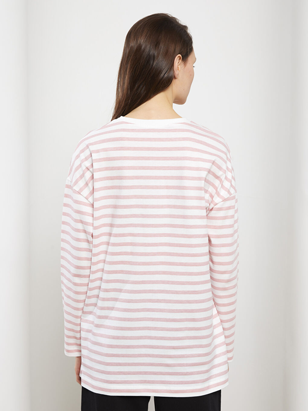 Pembe Bisiklet Yaka Çizgili Uzun Kollu Pamuklu Kadın Tunik-4