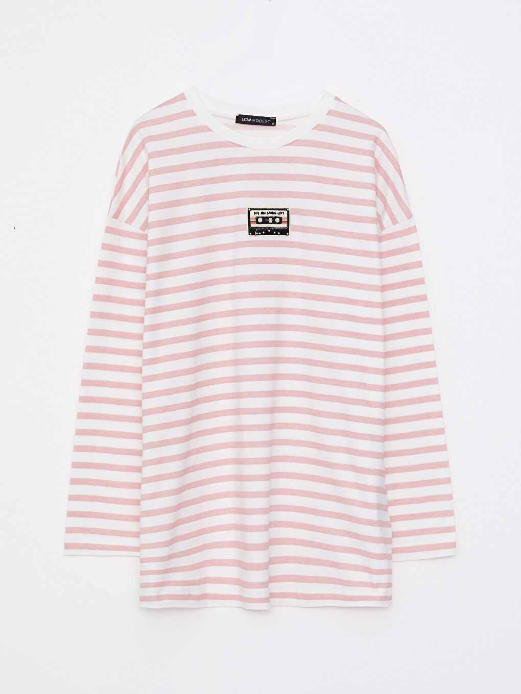 Pembe Bisiklet Yaka Çizgili Uzun Kollu Pamuklu Kadın Tunik-5