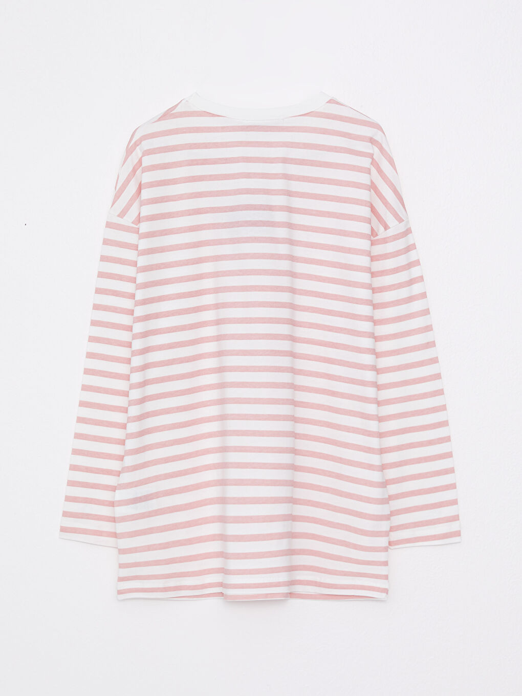 Pembe Bisiklet Yaka Çizgili Uzun Kollu Pamuklu Kadın Tunik-6