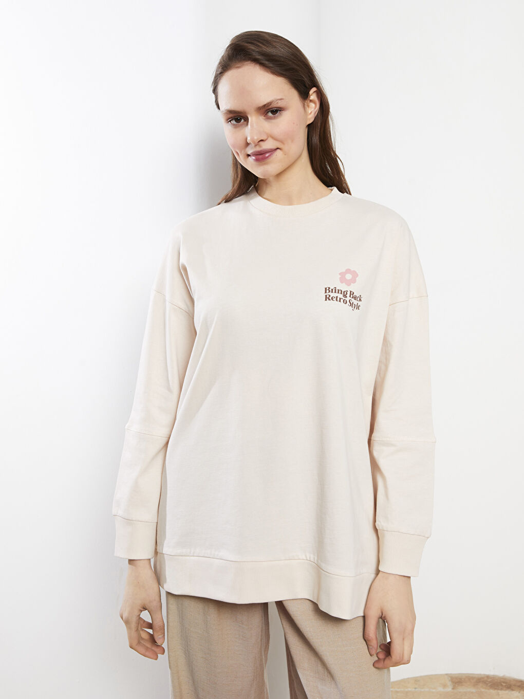 Crew Neck Printed Long Sleeve Cotton Women's Tunic-1