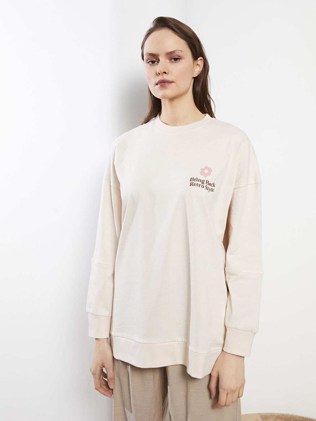 Crew Neck Printed Long Sleeve Cotton Women's Tunic-2