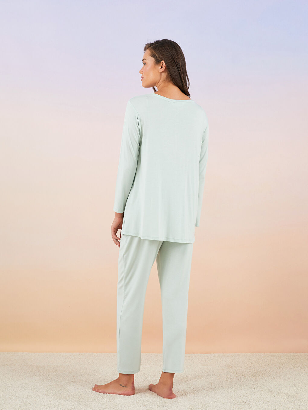 Turkuaz Bisiklet Yaka Düz Uzun Kollu Kadın Pijama Takımı-5