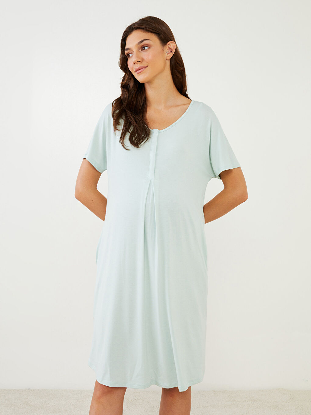 Turkuaz Bisiklet Yaka Düz Kısa Kollu Hamile Gecelik-1