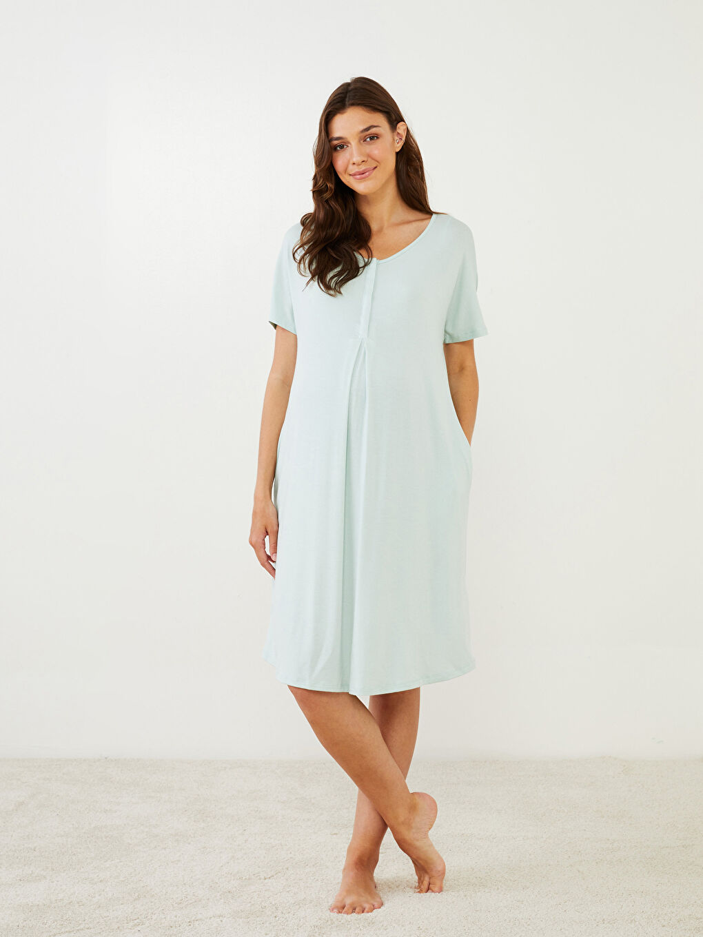 Turkuaz Bisiklet Yaka Düz Kısa Kollu Hamile Gecelik-2