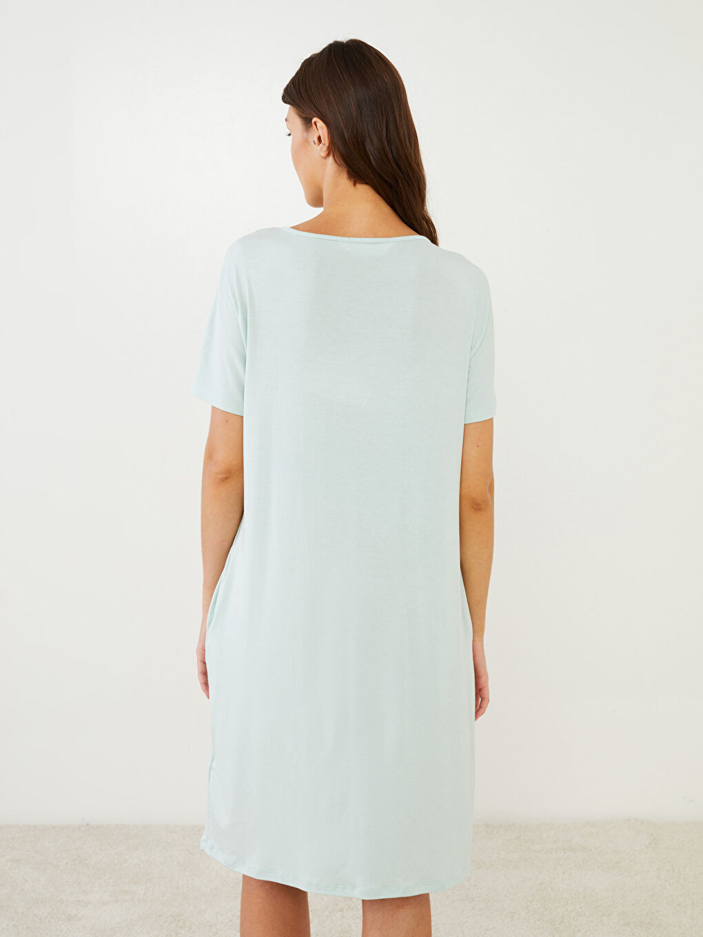 Turkuaz Bisiklet Yaka Düz Kısa Kollu Hamile Gecelik-4