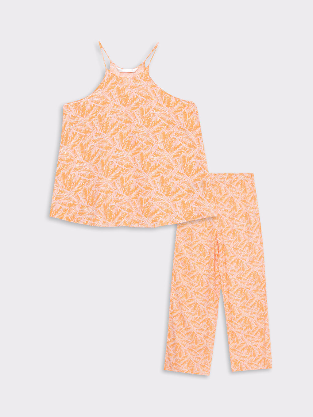 Turuncu Halter Yaka Desenli Askılı Viskon Kadın Pijama Takımı-5