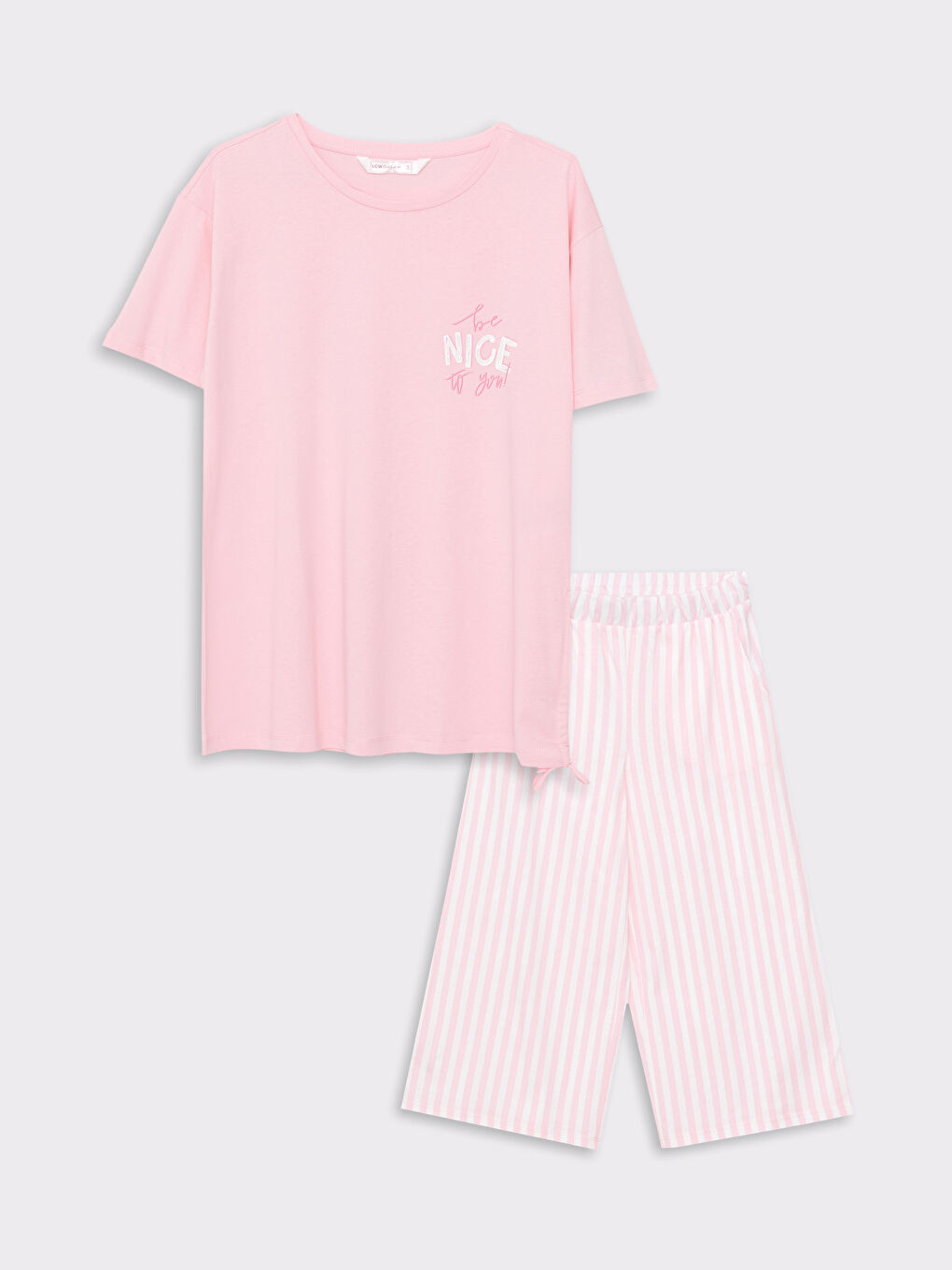 طقم بيجاما نسائي برقبة دائرية وكم قصير مطبوع من القطن-5