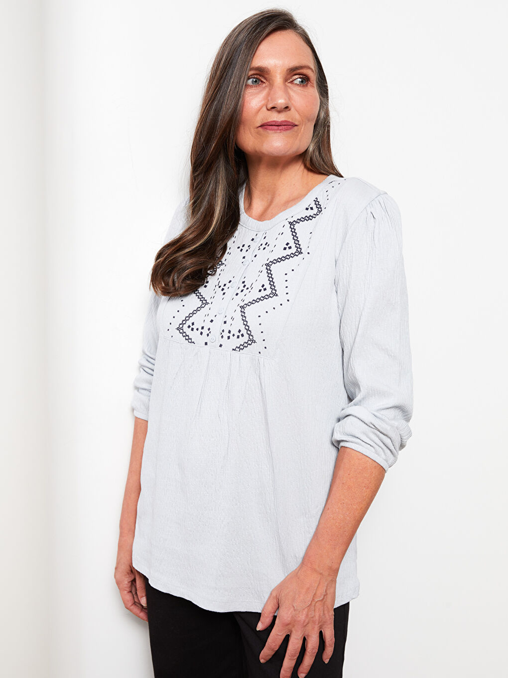 Crew Neck Embroidered Long Sleeve Women's T-Shirt-1