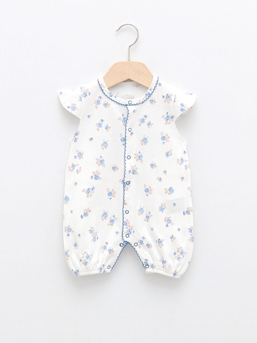 Mavi Luggi Baby Bisiklet Yaka Kısa Kollu Baskılı Pamuklu Kız Bebek Tulum