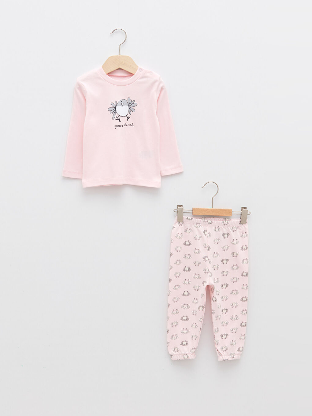 Pembe Luggi Baby Bisiklet Yaka  Uzun Kollu Baskılı Pamuklu Kız Bebek Pijama Takım