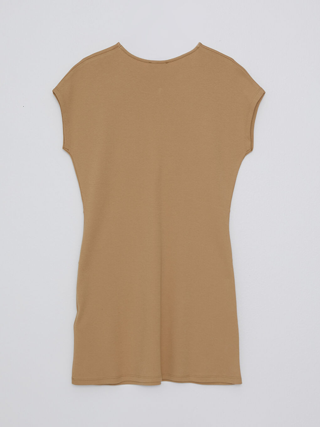 Bej Bisiklet Yaka Büzgü Detaylı Kısa Kollu Pamuklu Kadın Elbise-6