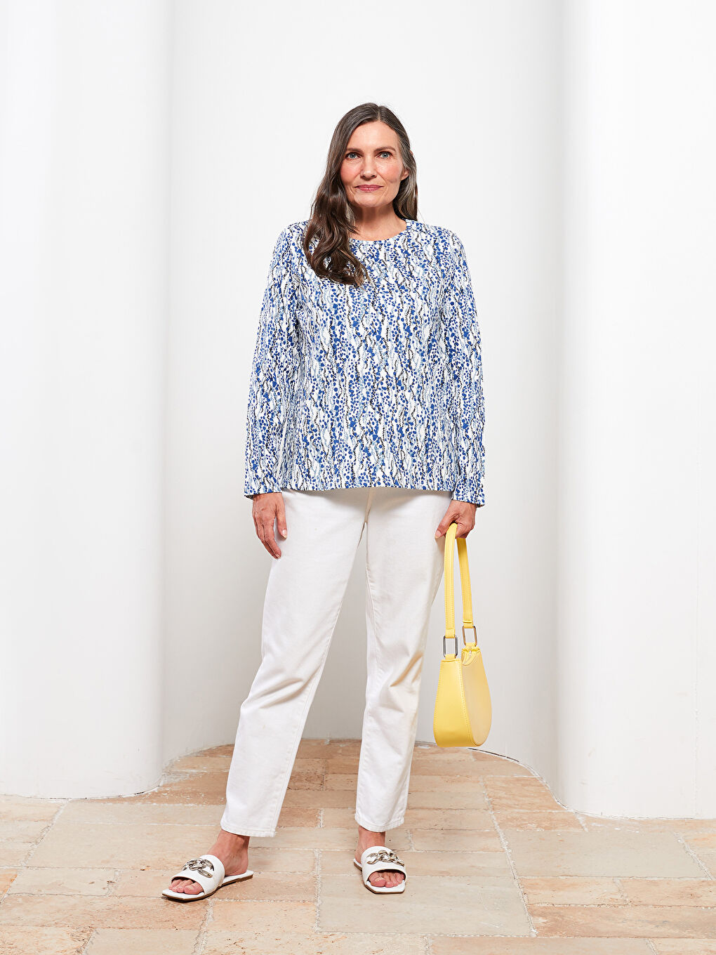 İndigo Bisiklet Yaka Desenli Uzun Kollu Kadın Tişört