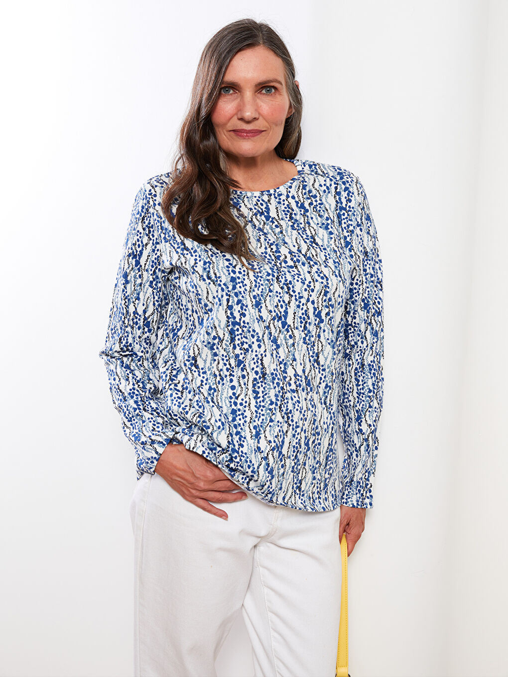 İndigo Bisiklet Yaka Desenli Uzun Kollu Kadın Tişört-3