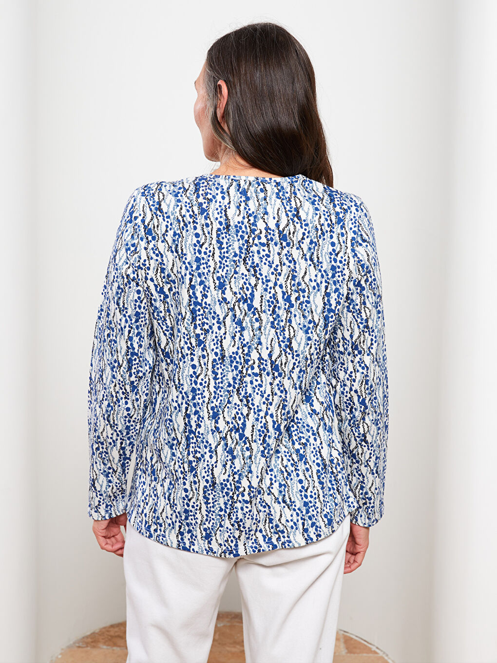 İndigo Bisiklet Yaka Desenli Uzun Kollu Kadın Tişört-4