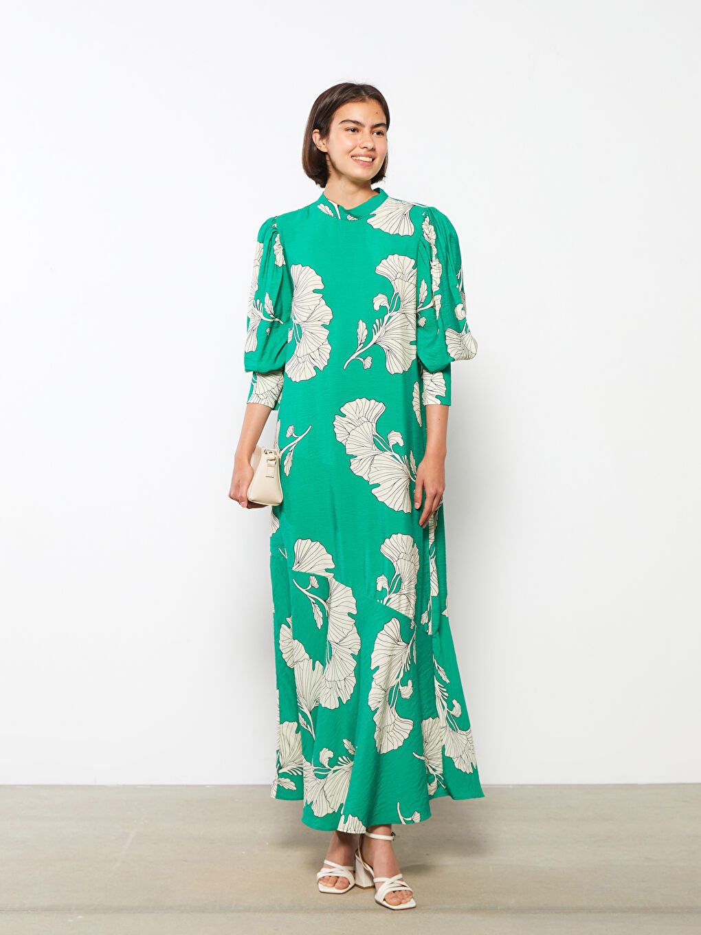 Yeşil Dik Yaka Çiçekli Uzun Kollu Kadın Elbise-1