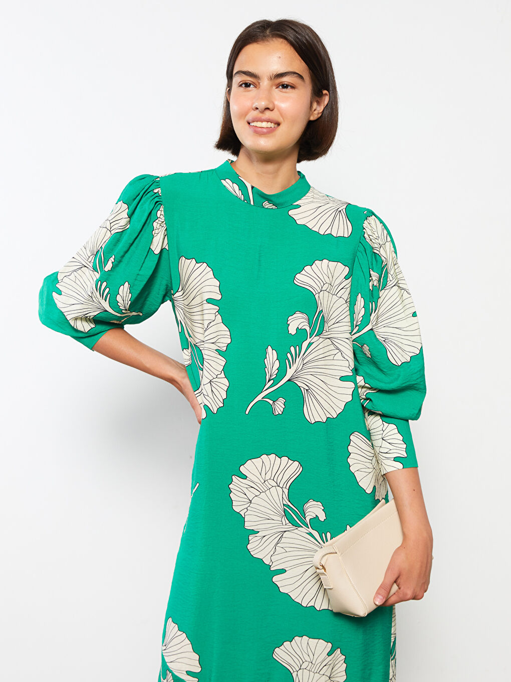 Yeşil Dik Yaka Çiçekli Uzun Kollu Kadın Elbise-2