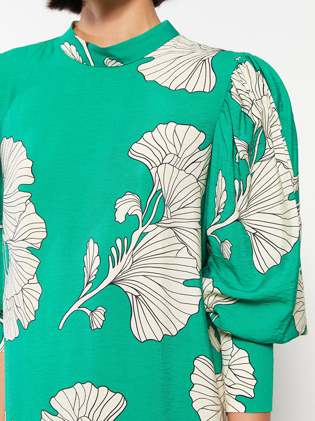 Yeşil Dik Yaka Çiçekli Uzun Kollu Kadın Elbise-3