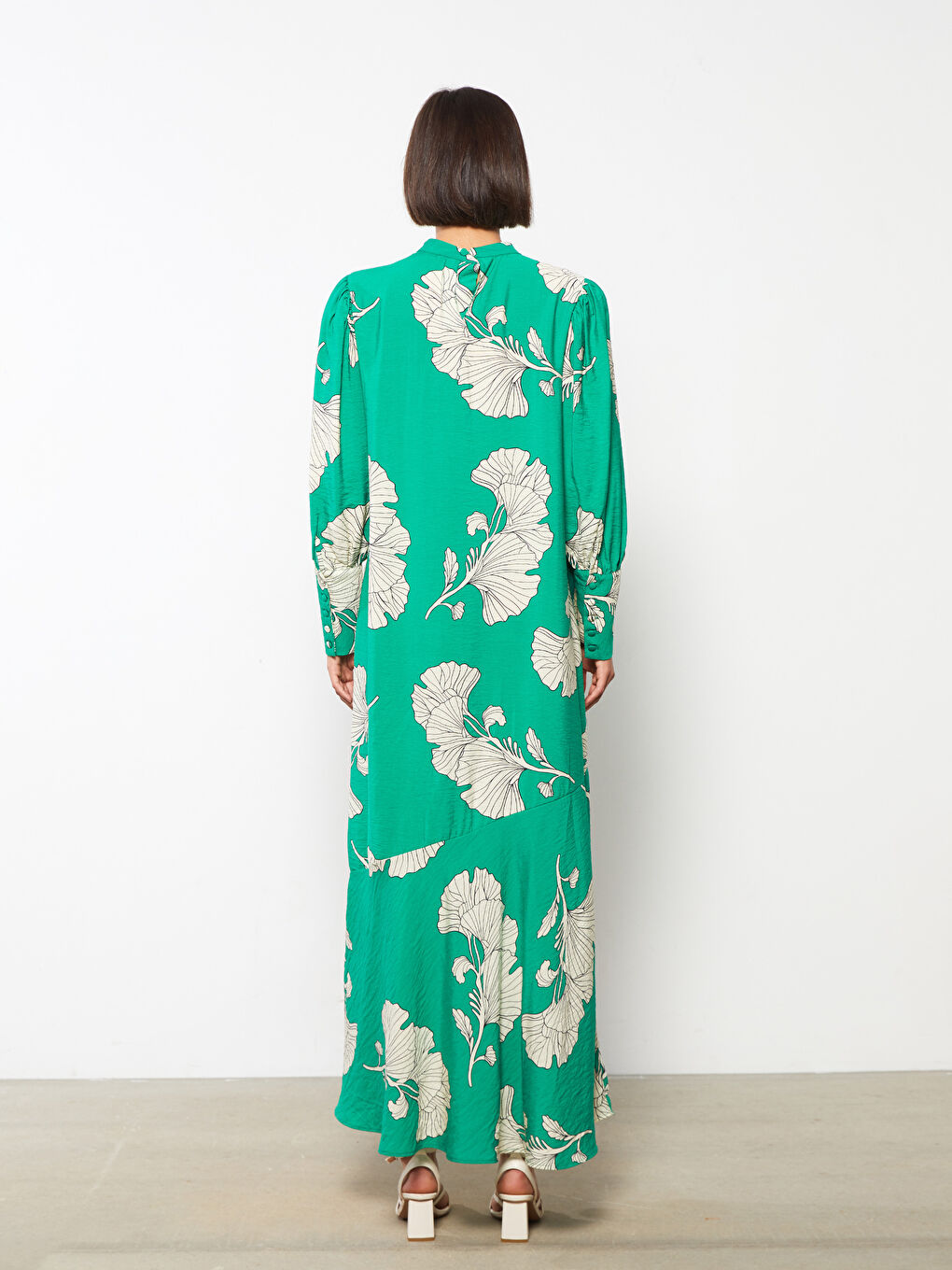 Yeşil Dik Yaka Çiçekli Uzun Kollu Kadın Elbise-4