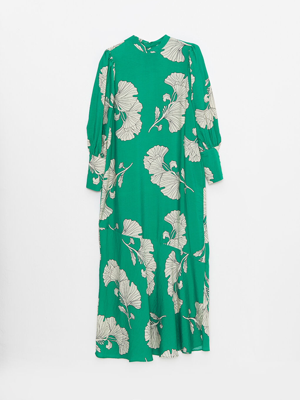 Yeşil Dik Yaka Çiçekli Uzun Kollu Kadın Elbise-5