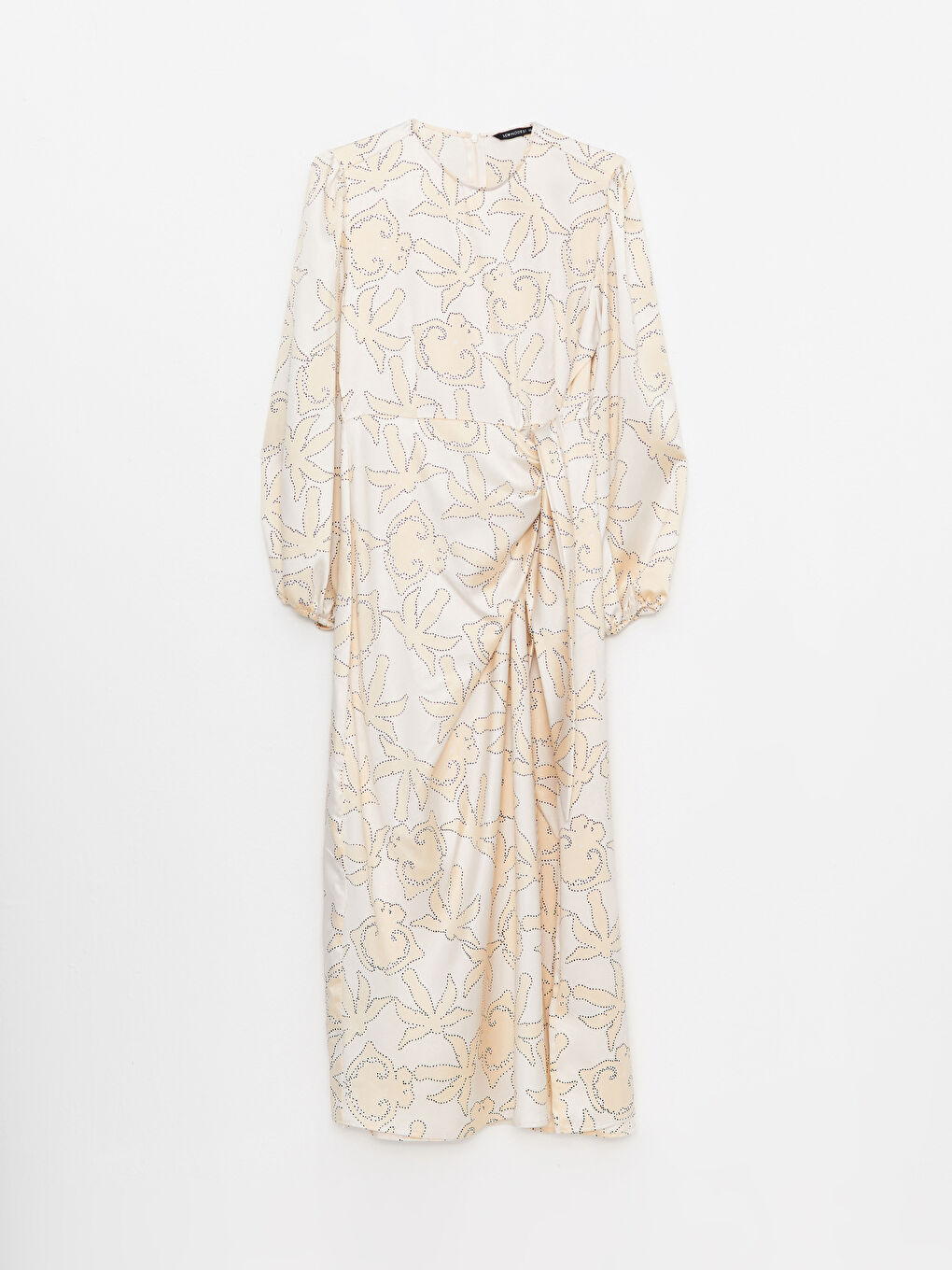 Bej Bisiklet Yaka Desenli Uzun Kollu Saten Kadın Elbise-5