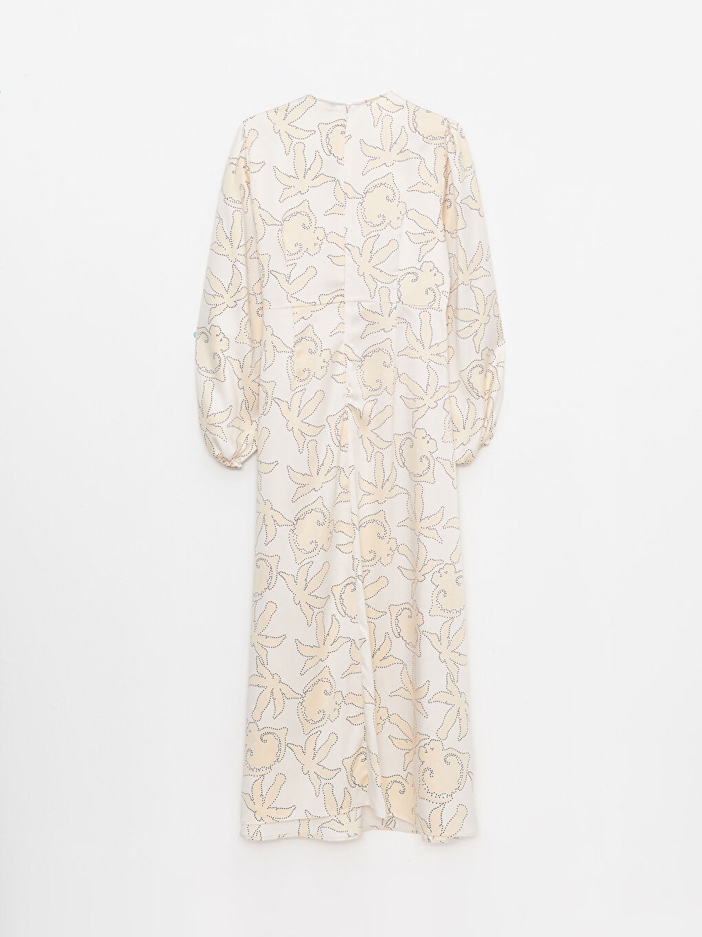 Bej Bisiklet Yaka Desenli Uzun Kollu Saten Kadın Elbise-6