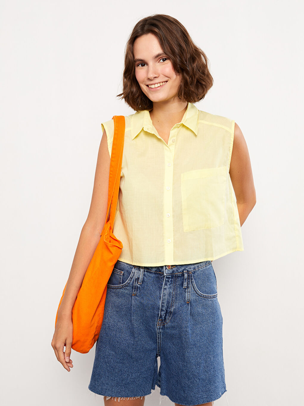 Front Button Closure Plain Sleeveless Poplin Women's Shirt-1