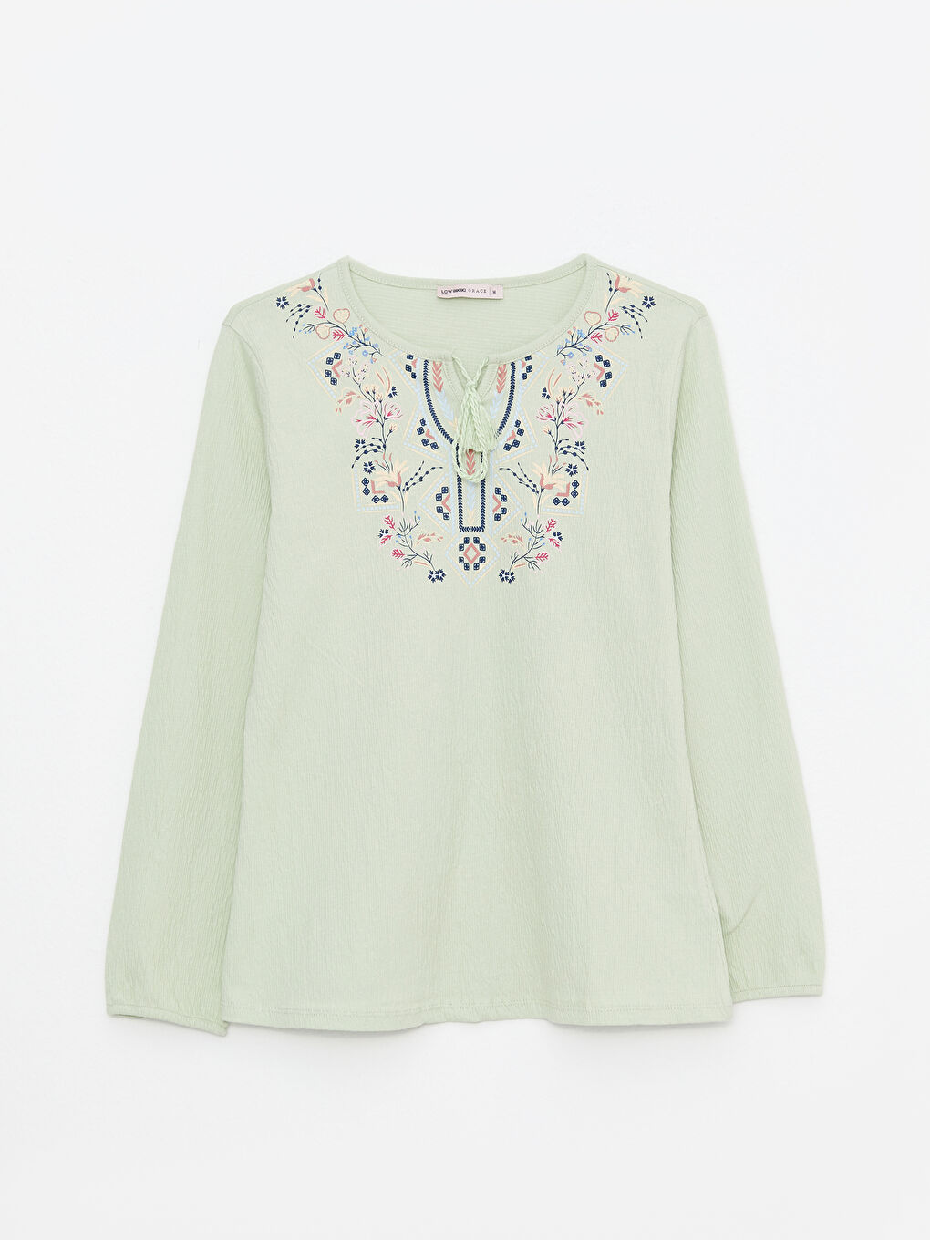 Yeşil Bağlamalı Yaka Nakışlı Uzun Kollu Kadın Tişört-5