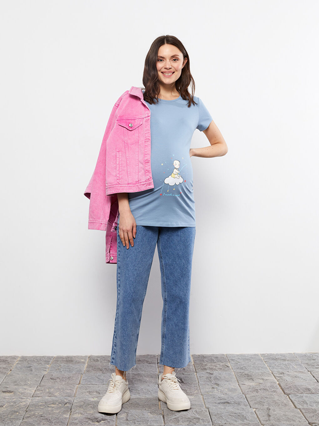 Mavi Bisiklet Yaka Baskılı Kısa Kollu Hamile Tişört