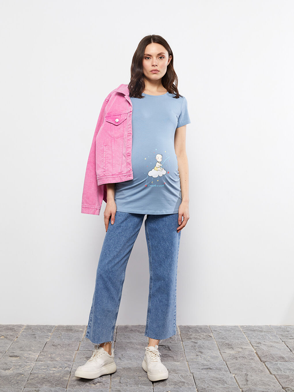 Mavi Bisiklet Yaka Baskılı Kısa Kollu Hamile Tişört-1