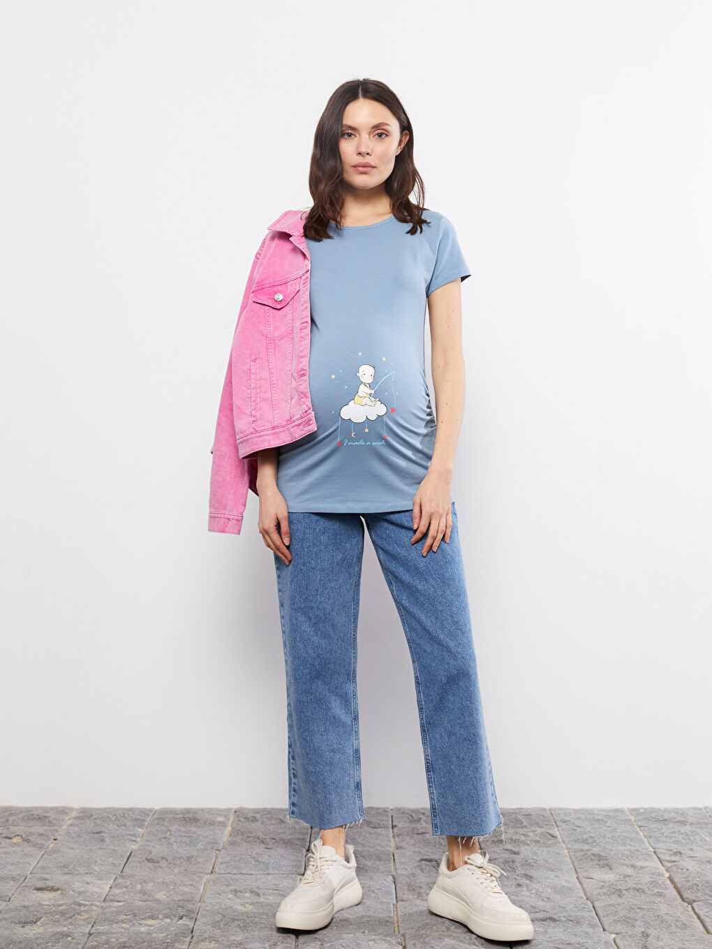 Mavi Bisiklet Yaka Baskılı Kısa Kollu Hamile Tişört-2