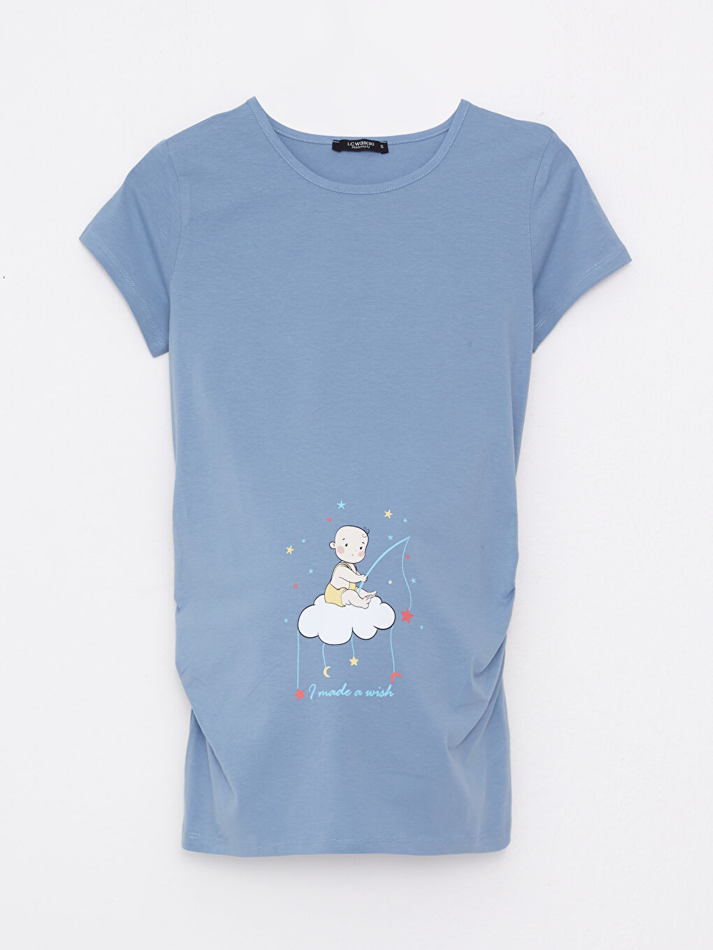 Mavi Bisiklet Yaka Baskılı Kısa Kollu Hamile Tişört-5